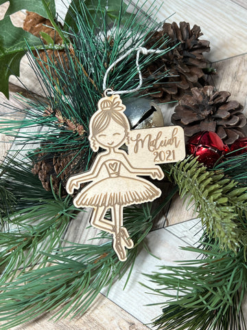 Adorable Hand drawn Ballerina Personalized Wood Christmas Ornament