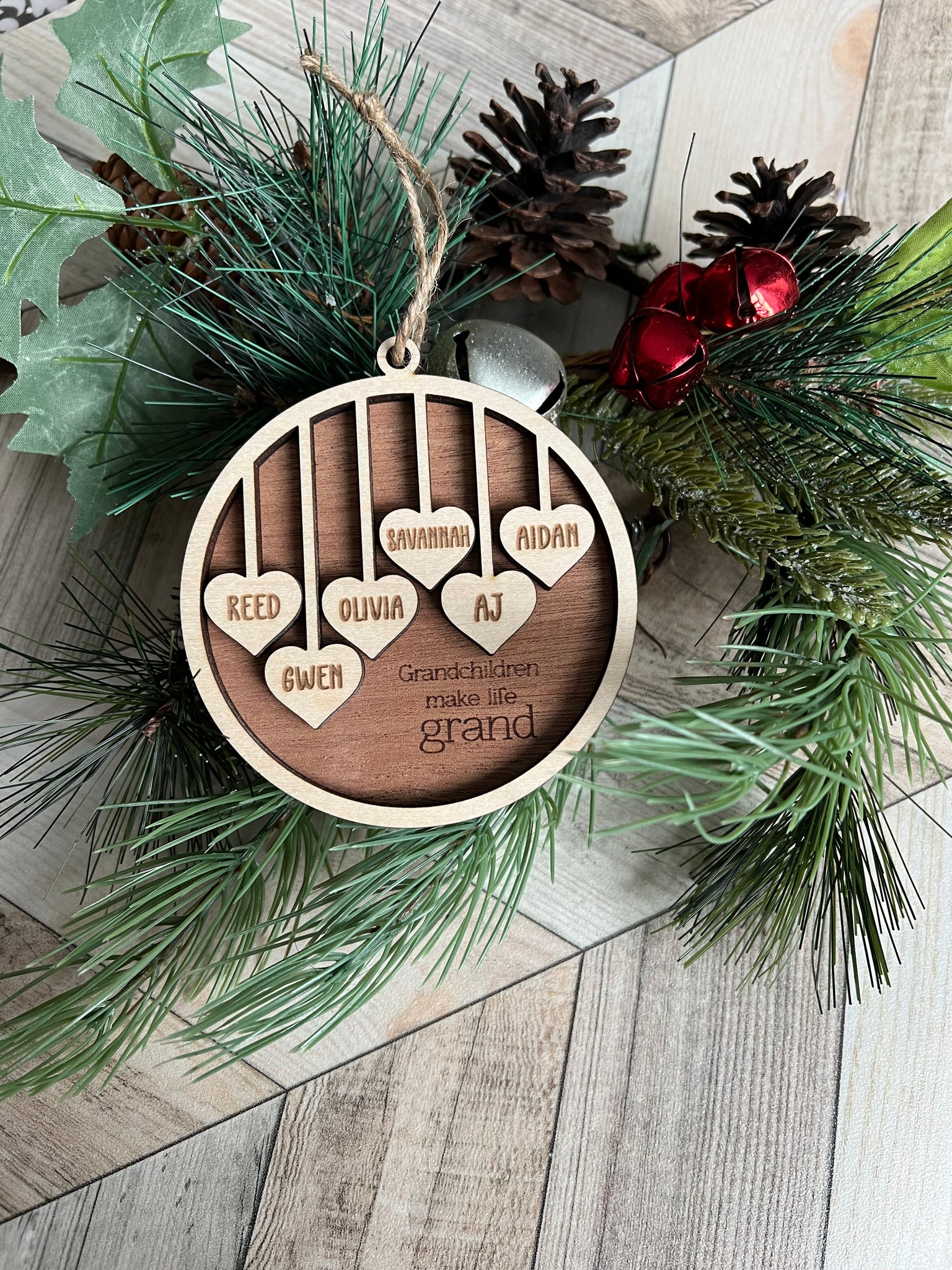 Grandchildren Make Life Grand Personalized Wood Christmas layered Ornament