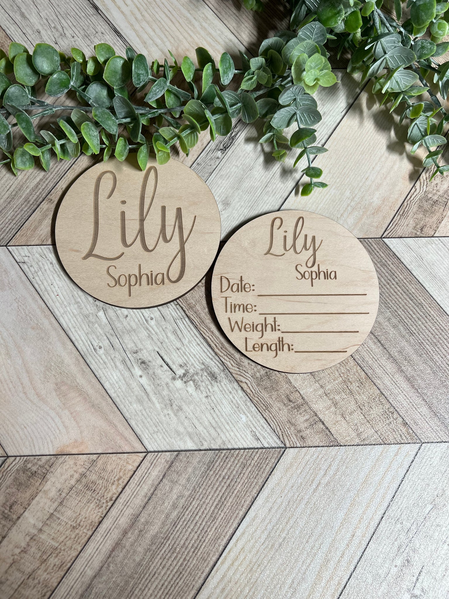 Baby Name Announcement Wood Engraved Round Set