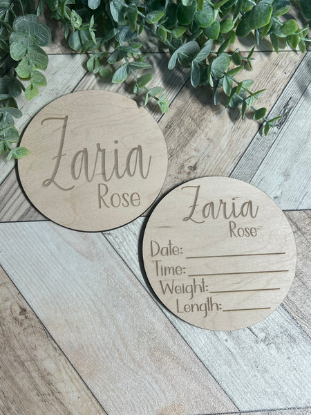 Baby Name Announcement Wood Engraved Round Set