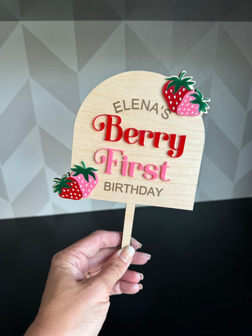 Berry First Birthday Wood and Acrylic Personalized Cake Topper