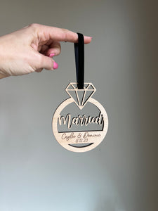 Personalized Married Wedding Ring Christmas Wood Ornament