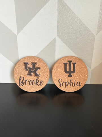 School Logo engraved on a cork coaster