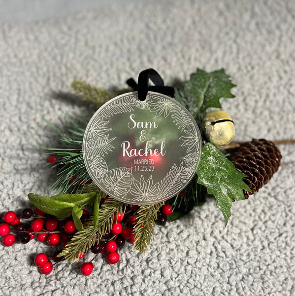 Custom Mr. & Mrs. Personalized wedding first Christmas engraved acrylic ornament tropical leaves and flowers