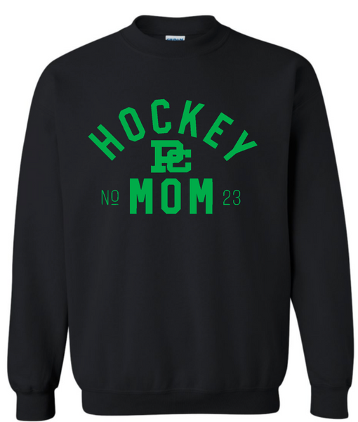 PC Hockey Mom & Number Gildan Crew Sweatshirt Available in 4 colors