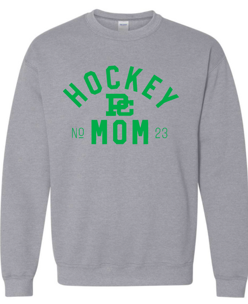 PC Hockey Mom & Number Gildan Crew Sweatshirt Available in 4 colors