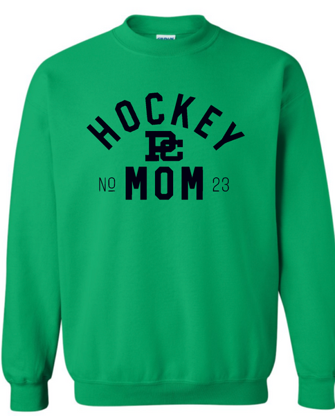 PC Hockey Mom & Number Gildan Crew Sweatshirt Available in 4 colors