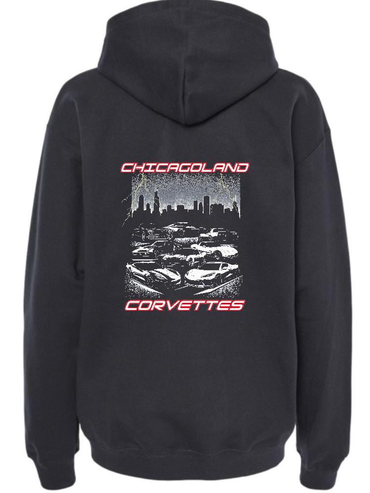 Chicagoland Corvettes unisex Gildan Hooded Sweatshirt Back design