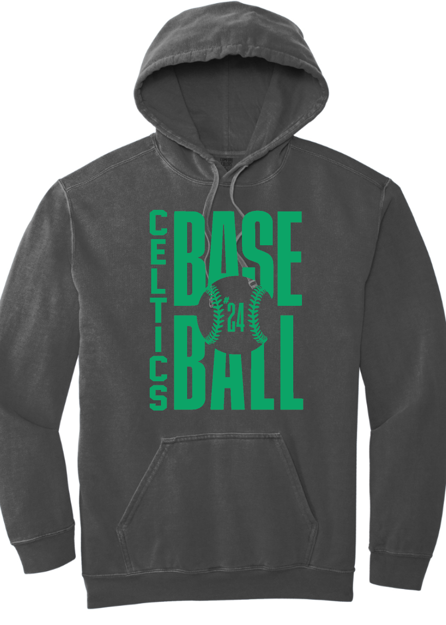PCHS Celtics Baseball Number Comfort Colors Hooded Sweatshirt Available in 2 different colors