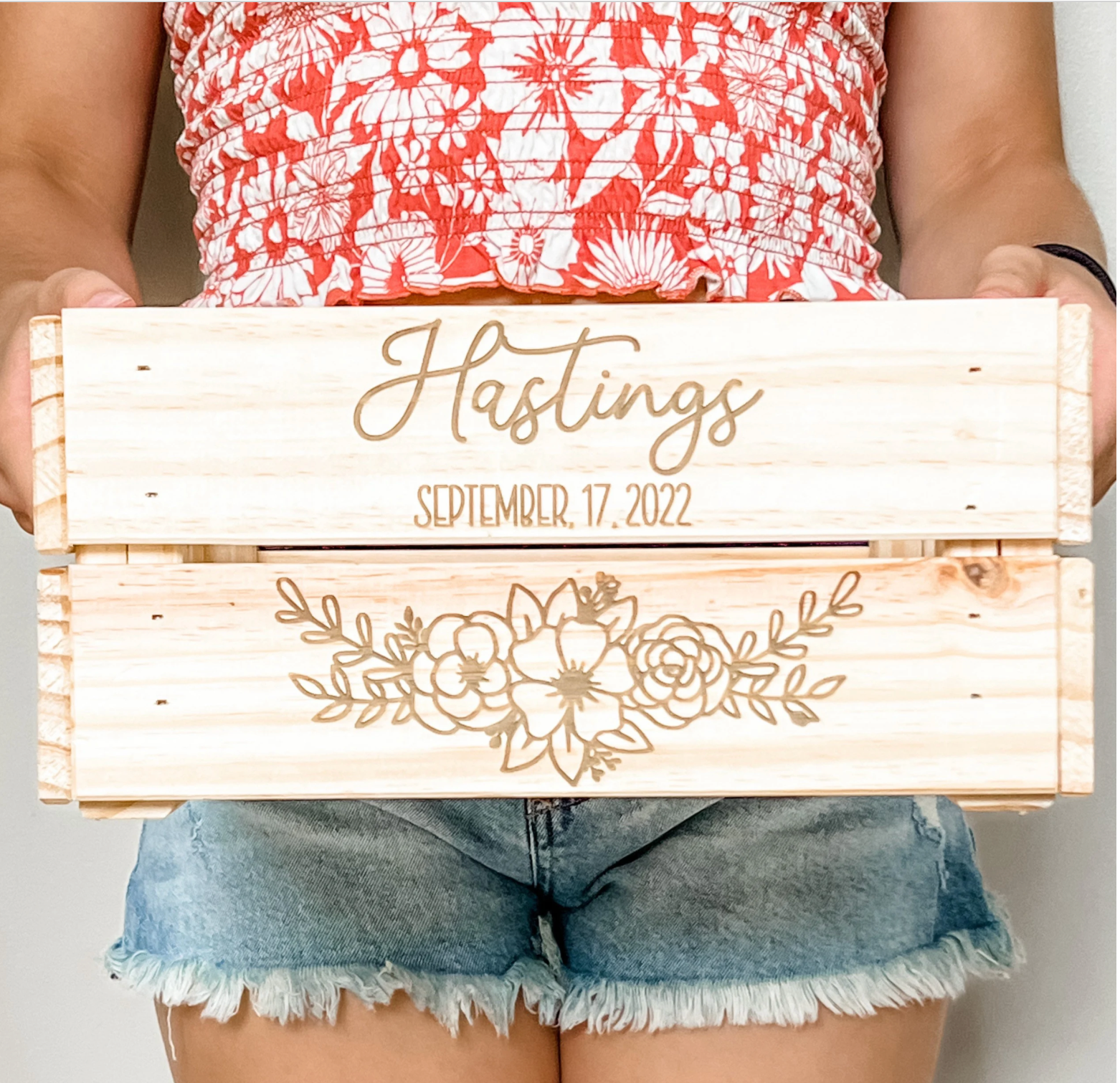 Floral Last Name Personalized Engraved Wood Gift Card Box Crate Wedding Box