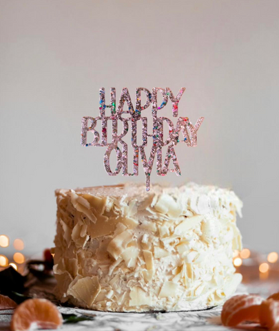 Happy Birthday Personalized Cake topper glitter flakes- choose from 7 colors